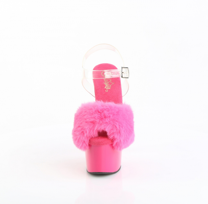 Sandale Fucsia cu toc inalt si platforma, papuci cu puf [3]