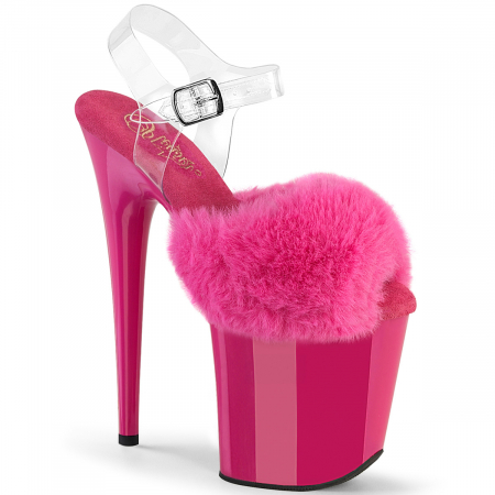 Sandale cu puf - Sandale fucsia cu toc inalt si platforma, sandale cu puf