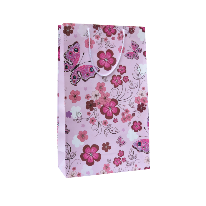 Punga cadou de hartie mare cu model vara - flori si fluturi roz [1]
