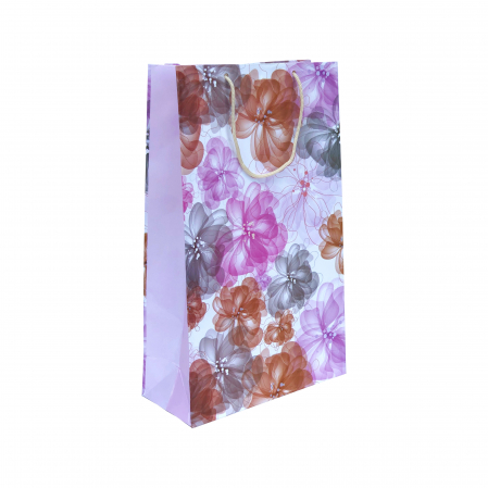 Pungi cadou MARI - Punga cadou de hartie mare cu model vara - flori roz-gri
