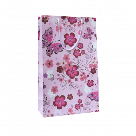 Pungi cadou MARI - Punga cadou de hartie mare cu model vara - flori si fluturi roz