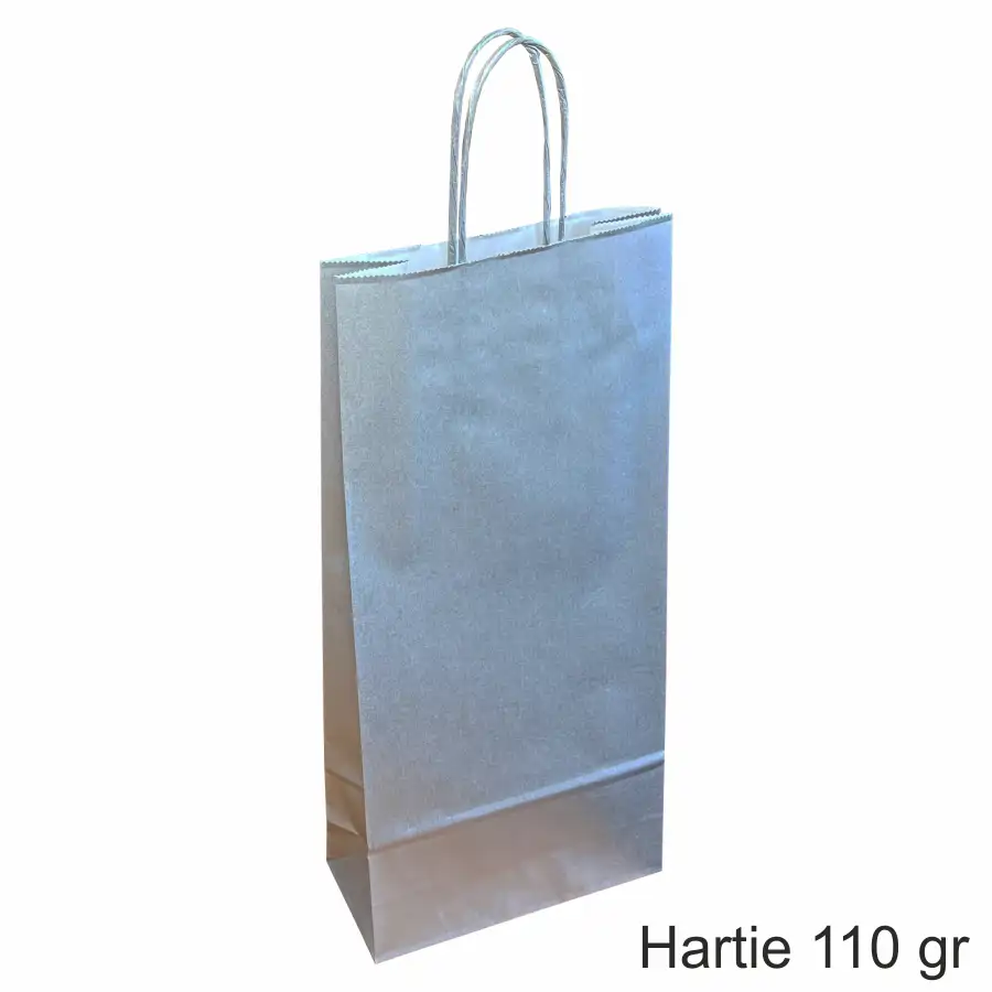 Pungi si sacose hartie kraft - Pungi hartie ARGINTII pentru 2 sticle vin, 18x39x8 cm