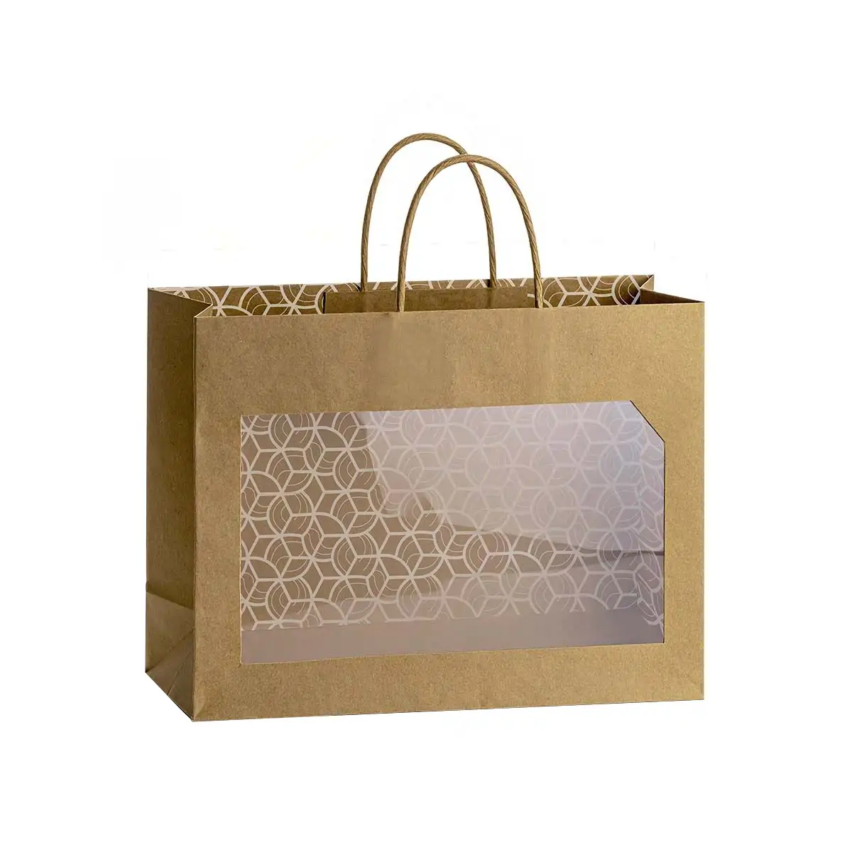 Pungi din hârtie  Kraft - Punga kraft cu fereastra transparenta 260x215x110 mm