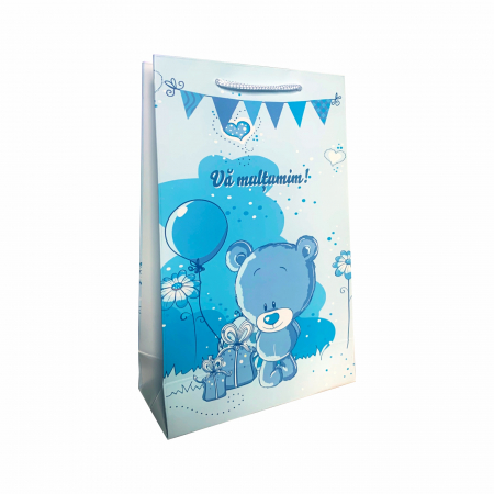 Punga cadou de hartie medie cu model botez albastru