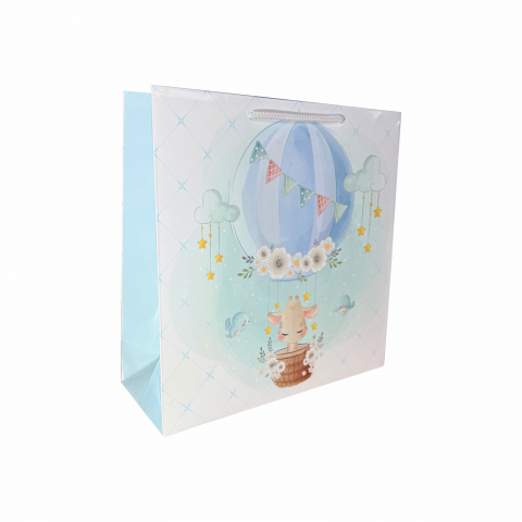 Pungi cadou cu model IARNA - Punga de cadou patrata, 24x24x9 cm, model GIRAFA BLEU