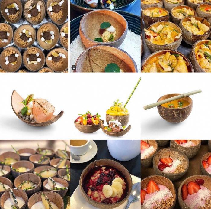 Kókuszdió héjából készült, kerek tálka / 200 ml / kb. Ø 80/130 × h60/90 mm / 10 db   [7]