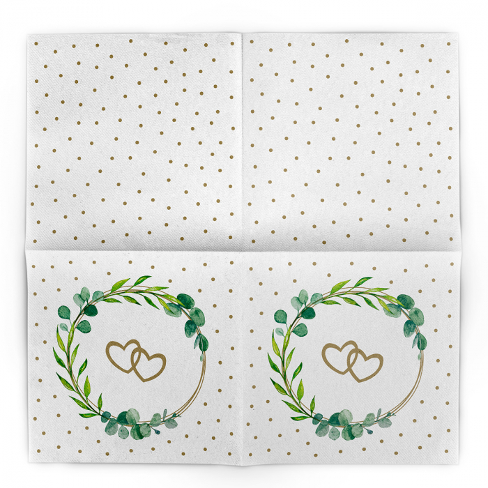 Ünnepi asztali szalvéták, Linclass – Eukalyptus-Hertz (eukaliptusz levelek és szívecskék) / 40 × 40 cm / 50 db [10]