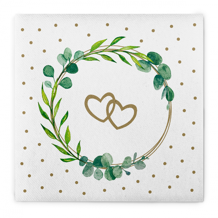 Ünnepi asztali szalvéták, Linclass – Eukalyptus-Hertz (eukaliptusz levelek és szívecskék) / 40 × 40 cm / 50 db [11]