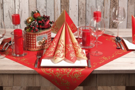 ASZTALTERÍTŐK - Karacsonyi asztalterito Linclass - Pomp gold-rot / arany-piros / 80 × 80 cm / 20 db