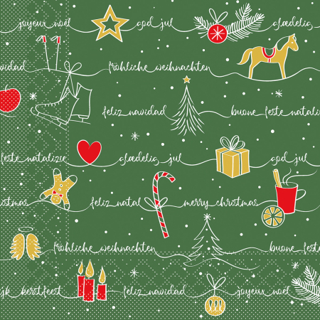 Karacsonyi tissue szalvetak 40 x 40 – Rendelesre - Karacsonyi 3 retegu tissue szalvetak - Ravin grun-rot-gold / zold-piros-arany / 40 × 40 cm / 100 db