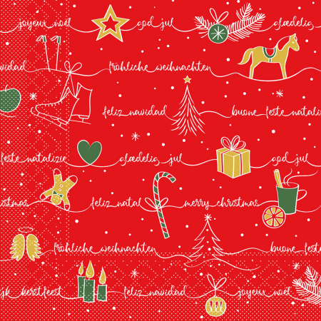 Karacsonyi tissue szalvetak 40 x 40 – Rendelesre - Karacsonyi 3 retegu tissue szalvetak - Ravin rot-grun-gold / piros-zold-arany / 40 × 40 cm / 100 db