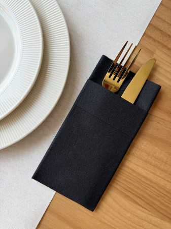 Evőeszköztartó zsebszalvéta Linclass mandzsettával – Fekete / 40 × 40 cm / 75 db [2]