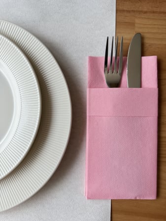 Linclass, PRÉMIUM MINŐSÉG - Evőeszköztartó zsebszalvéta Linclass mandzsettával – Rózsaszín / 40 × 40 cm / 50 db