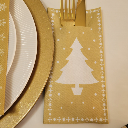 EVŐESZKÖZTARTÓ SZALVÉTÁK - Zsebes evőeszköz‑tartó szalvéta pentru Craciun/Revelion - Linclass Fehér Tree (Arany) / 40 x 40 cm / 12 db