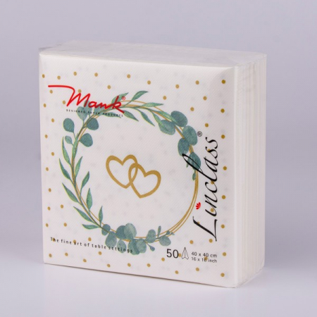 ÜNNEPI SZALVÉTÁK – ESKÜVŐ - Ünnepi asztali szalvéták, Linclass – Eukalyptus-Hertz (eukaliptusz levelek és szívecskék) / 40 × 40 cm / 50 db