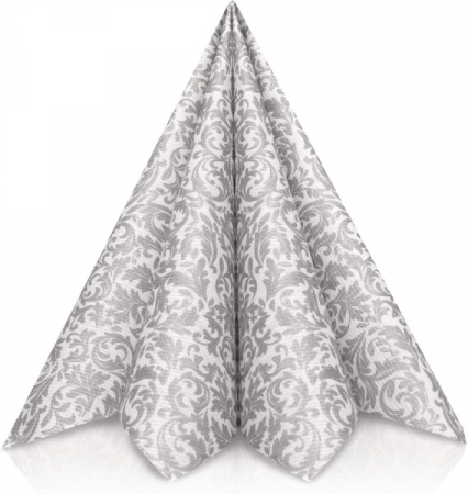 KÉSZLETKISÖPRÉS - Ünnepi asztali szalvéták, Linclass – Ornaments (ezüst-fehér) / 40 × 40 cm / 50 db