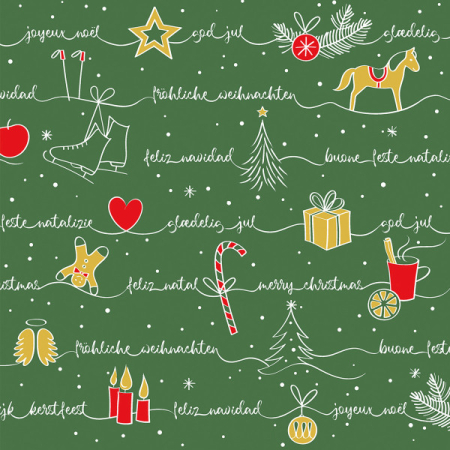 Karacsonyi unnepi szalvetak – Rendelesre - Unnepi Linclass asztali szalvetak Szilveszterre/Ujevre - Ravin grun-rot-gold / zold-piros-arany / 40 × 40 cm / 50 db