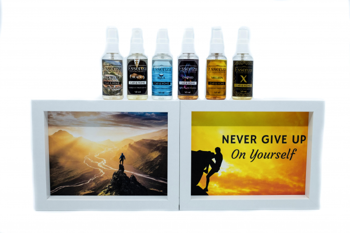 set 6 odorizante parfumuri auto si casa essenza cu 2 tablouri never give up si munte [1]