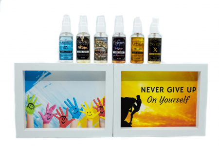Seturi cadou - set 6 odorizante parfumuri auto si casa essenza cu 2 tablouri copii si never give u