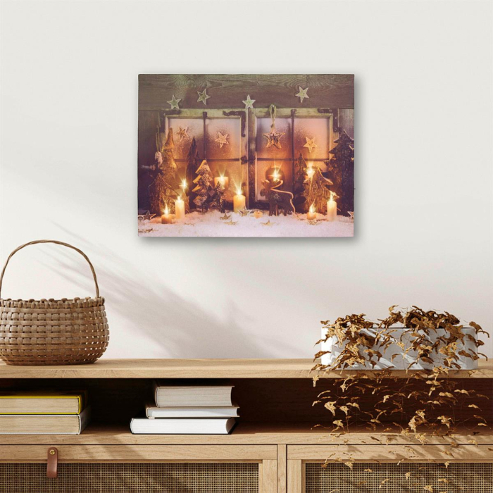Tablou iluminat 9 leduri  efect lumanare cu timer - 30x40cm - print digital pe canvas - Fereastra X-mas [2]