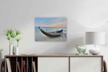 Tablouri decorative - Tablou iluminat 1 LED si 30 LED fibra cu timer - 30x40 cm - print digital pe canvas - barca pe plaja