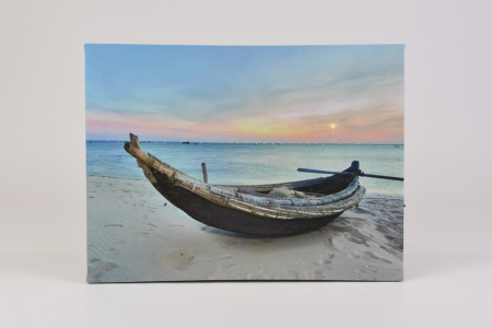 Tablou iluminat 1 LED si 30 LED fibra cu timer - 30x40 cm - print digital pe canvas - barca pe plaja [2]