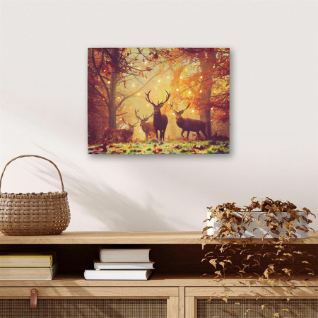 Tablouri decorative - Tablou iluminat 30 leduri cu timer - 30x40cm - print digital pe canvas -  cerbi in padure