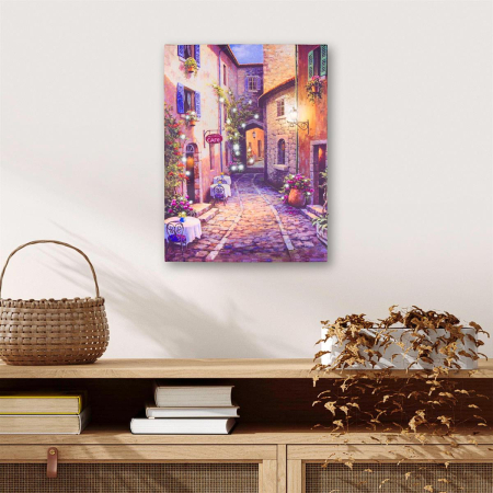 Tablouri decorative - Tablou iluminat 31 leduri fibra cu timer - 30x40cm - print digital pe canvas - alee oras vechi