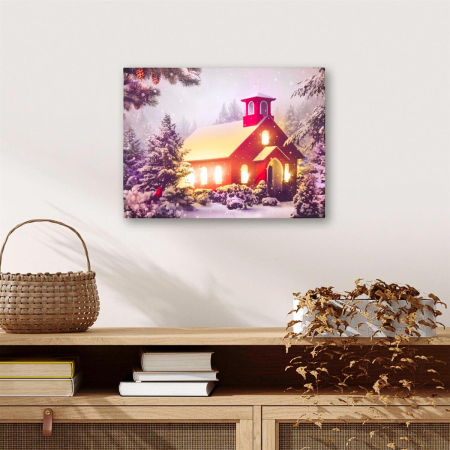 Tablouri decorative - Tablou iluminat 6 leduri cu timer - 30x40cm - print digital pe canvas - capela rosie iarna