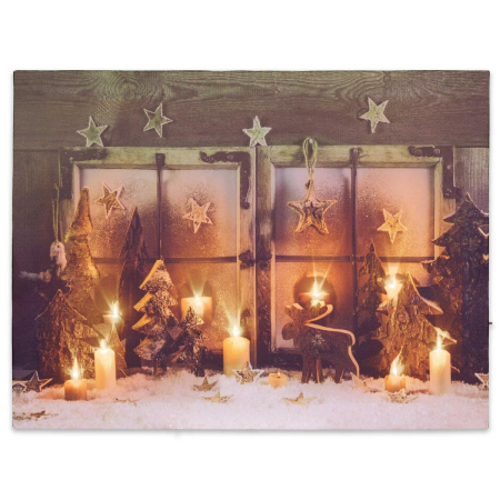 Tablouri decorative - Tablou iluminat 9 leduri  efect lumanare cu timer - 30x40cm - print digital pe canvas - Fereastra X-mas