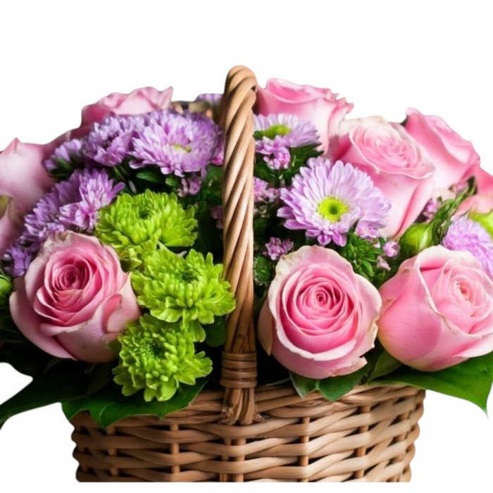 Aranjament floral în coșuleț trandafiri roz, mini crizanteme lila și roz [2]