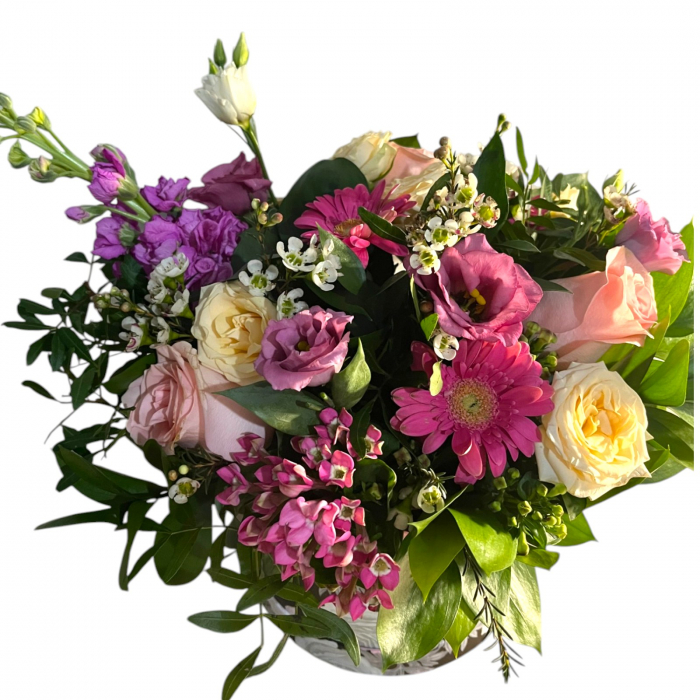 Aranjament floral în cutie trandafiri, lisianthus, bouvardia, matthiola [3]