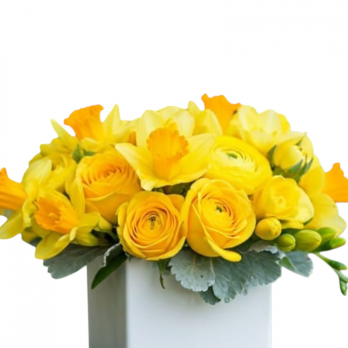 Aranjament floral trandafiri, ranunculus, narcise si frezii [2]
