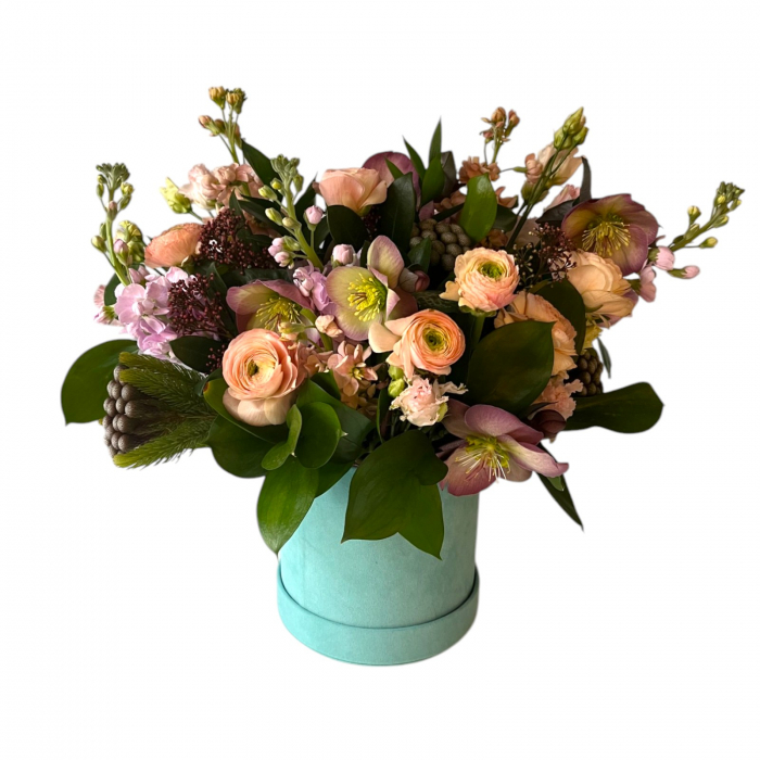 Aranjament in cutie cu ranunculus, helleborus, skimmia, brunia si matthiola. [1]