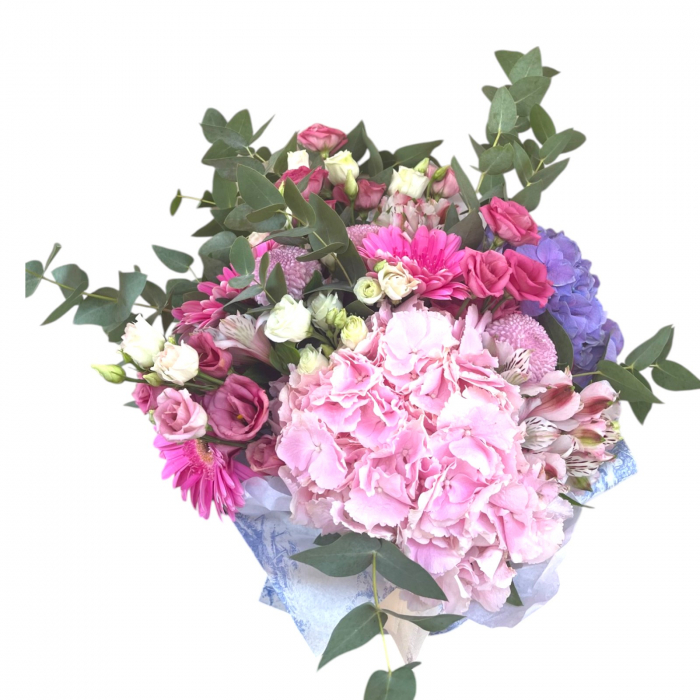 Buchet cu hortensie roz, hortensie blue, alstromeria roz, lisianthus roz, lisianthus albi, mini crizanteme. [3]