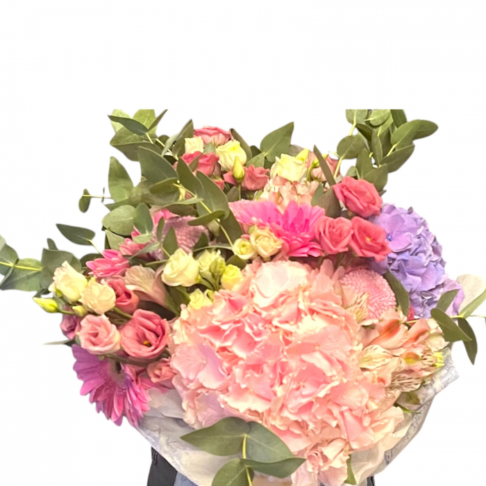 Buchet cu hortensie roz, hortensie blue, alstromeria roz, lisianthus roz, lisianthus albi, mini crizanteme. [2]