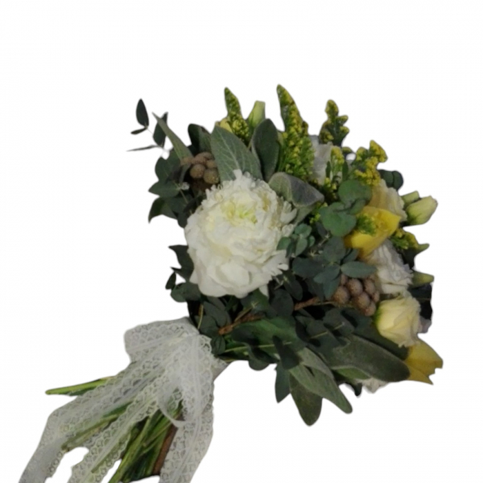 Buchet cununie civilă bujori albi, solidago, lalele galbene, brunia, lisianthus alb  "Dusty Miller" [2]
