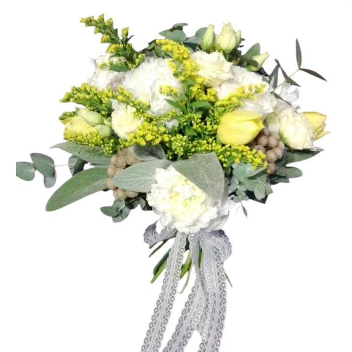 Buchet cununie civilă bujori albi, solidago, lalele galbene, brunia, lisianthus alb  "Dusty Miller" [1]