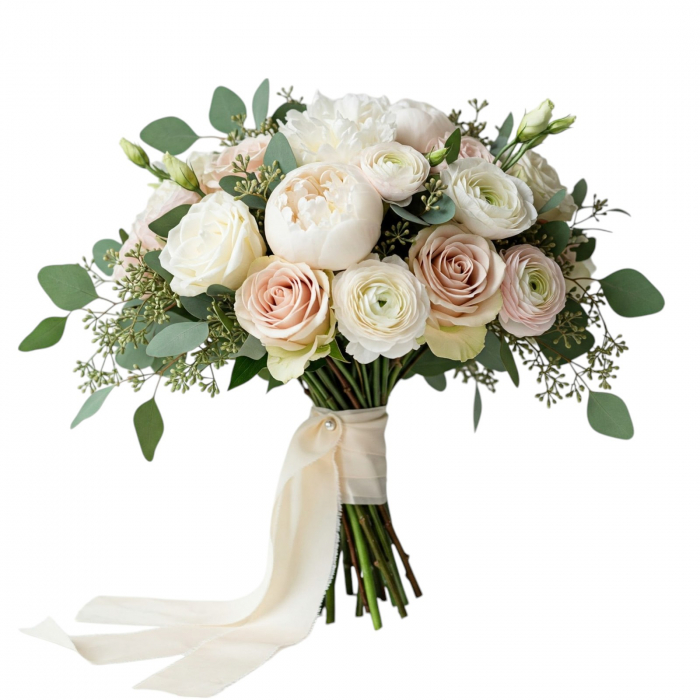 Buchet de mireasă bujori albi, ranunculus alb si roz, trandafiri albi si roz. [1]