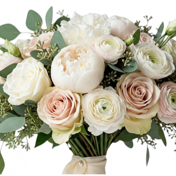Buchet de mireasă bujori albi, ranunculus alb si roz, trandafiri albi si roz. [2]