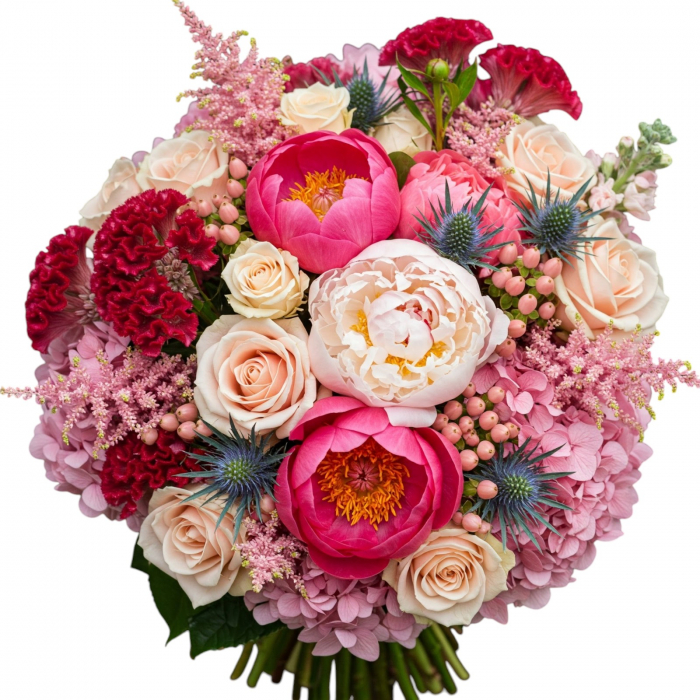 Buchet de mireasă bujori albi și corai, hypericum roz, hortensie roz, astilbe roz, matthiola alb, eryngium, trandafiri. [1]