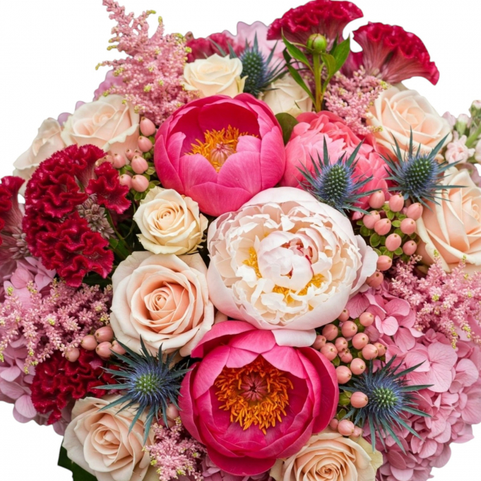 Buchet de mireasă bujori albi și corai, hypericum roz, hortensie roz, astilbe roz, matthiola alb, eryngium, trandafiri. [2]
