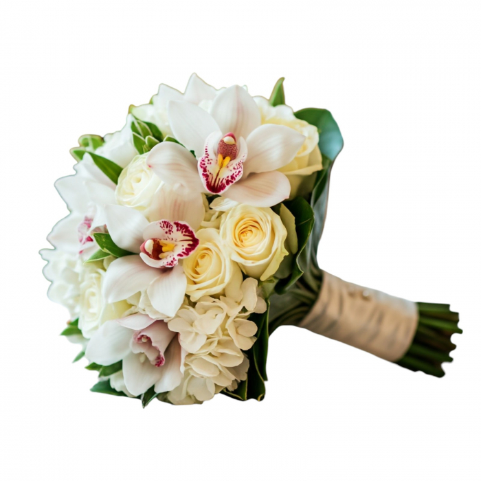 Buchet de mireasă hortensie albă, trandafiri albi și cymbidium alb [2]