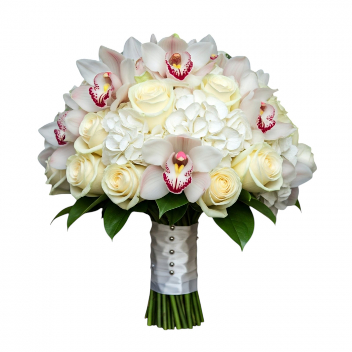 Buchet de mireasă hortensie albă, trandafiri albi și cymbidium alb [1]