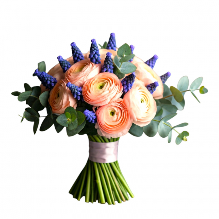 Buchet de mireasa cu ranunculus peach si muscari [1]