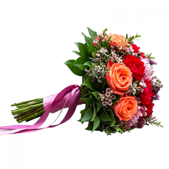 Buchet de nașă trandafiri peach, dalii bordeaux, protea și wax. [1]