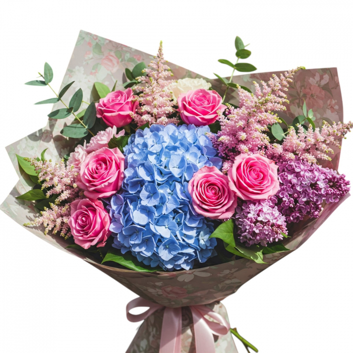 Buchet hortensie blue, trandafiri roz, liliac mov, astilbe roz [1]