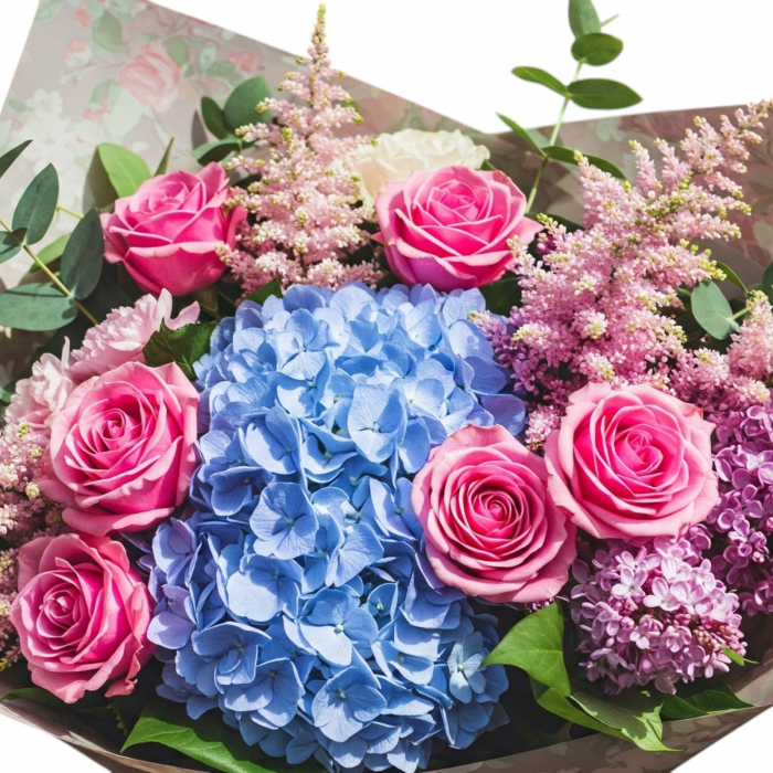 Buchet hortensie blue, trandafiri roz, liliac mov, astilbe roz [2]