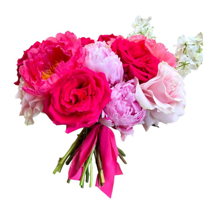 Buchet mireasa bujori roz, bujori corai, trandafiri cyclam, trandafiri roz, delphinium. [1]