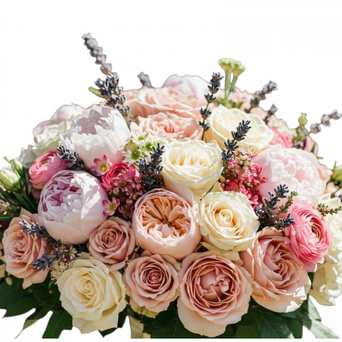 Buchet mireasă bujori roz, trandafiri albi și roz, wax și lisianthus. [2]